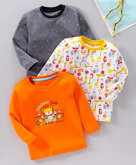 Kidi Wav Pack Of 3 Full Sleeves Printed Tee - Yellow Grey