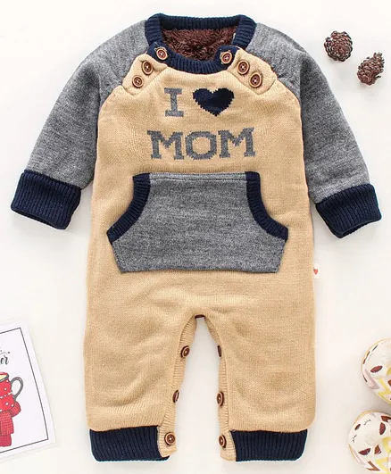 Yellow Apple Full Sleeves Winter Wear Romper With Faux Fur Lining - Beige