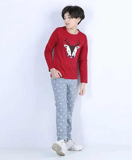 Nite Flite Full Sleeves Reindeer Print Night Suit - Maroon