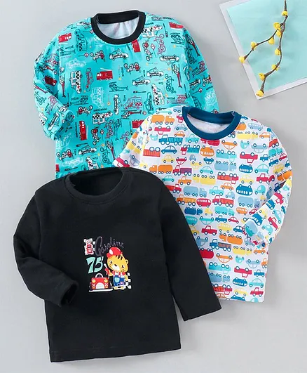 Kidi Wav Pack Of 3 Full Sleeves Vehicle Printed Tee - Blue