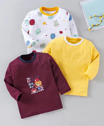 Kidi Wav Pack Of 3 Full Sleeves Cartoon Printed Tee - Yellow & Maroon