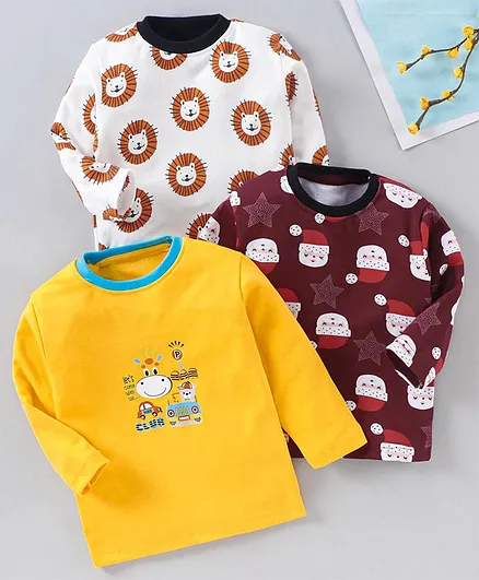 Kidi Wav Pack Of 3 Full Sleeves Animals Printed Tee - Yellow & Maroon