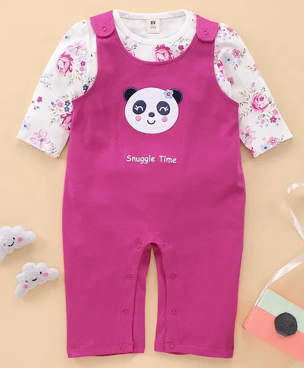 ToffyHouse Full Sleeve Rompers with Inner Tee Panda Print - Pink