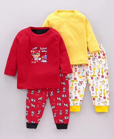 Kidi Wav Pack Of 2 Full Sleeves Printed Tees With 2 Lounge Pants - Red & Yellow