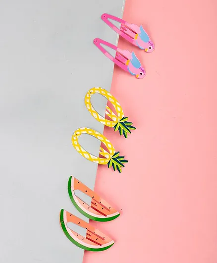 Arendelle 3 Pairs Of Watermelon Pineapple And Bird Hair Clips - Multi Color