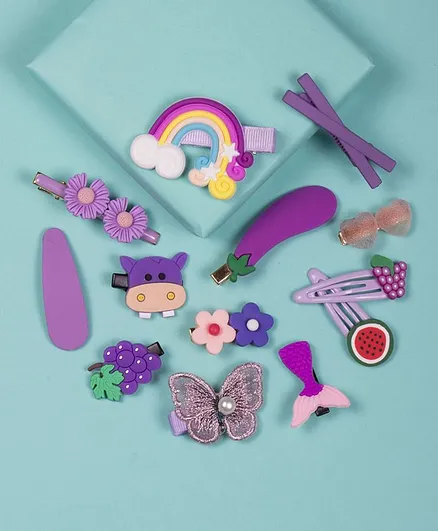 Arendelle Set Of 13 Fruits Design Hair Clips - Purple