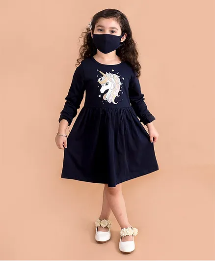 Pspeaches Full Sleeves Unicorn Print Detailing Dress With Face Mask - Black