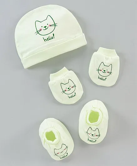Simply Cap, Mitten & Booties Set Cat Print Green - Cap Diameter 10 cm