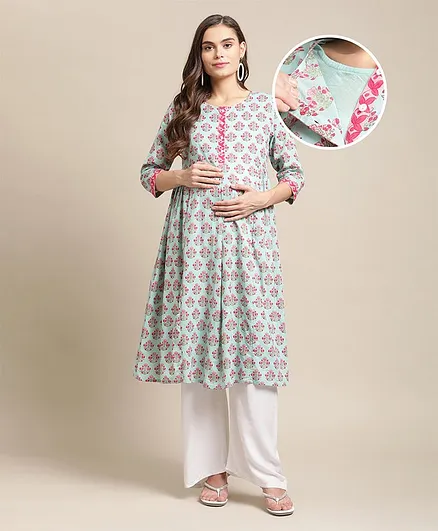 Bella Mama Three Fourth Sleeves Printed Maternity Ethnic Kurta - Blue