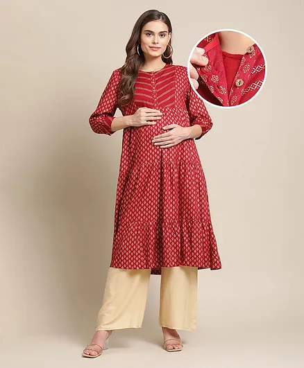 Bella Mama Three Fourth Sleeves Printed Maternity Ethnic Kurta - Red