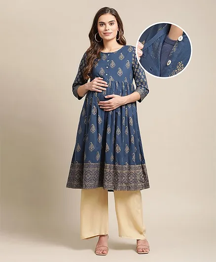 Bella Mama Three Fourth Sleeves Printed Maternity Ethnic Kurta - Blue