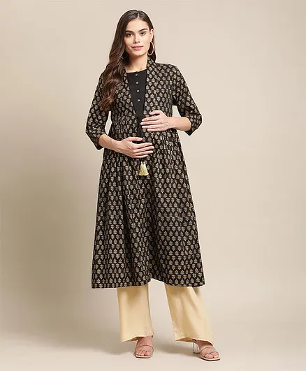 Bella Mama Three Fourth Sleeves Jacket Style Printed Maternity Ethnic Kurta - Black