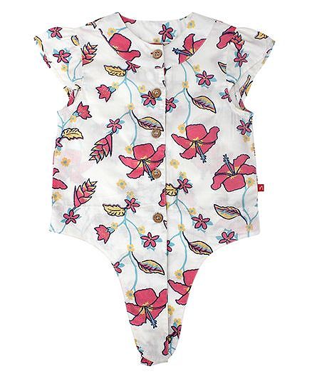 Nino Bambino Cap Sleeves Floral Print Organic Cotton Top - Off White And Pink