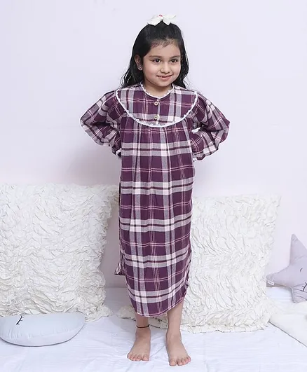 Fairies Forever Full Sleeves Checked Nighty - Purple