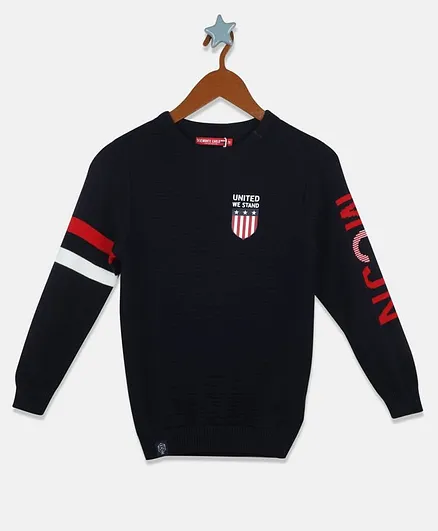 Monte Carlo Full Sleeves Text Printed Sweater - Navy Blue