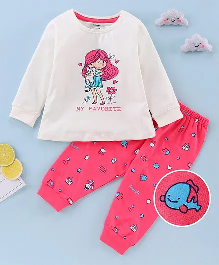 Cucumber Full Sleeves Printed Tee & Lounge Pant - White Pink