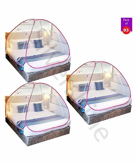 Silver Shine Foldable Double Bed Mosquito Net King Size Pack of 3 - Pink