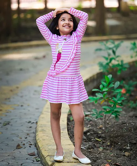 Fairies Forever Full Sleeves Sequined Mermaid Design Striped Dress - Pink