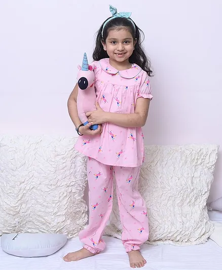 Fairies Forever Half Sleeves Unicorn Print Night Suit - Pink