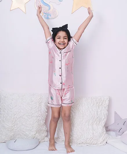 Fairies Forever Half Sleeves Flamingos Print Night Suit - Pink