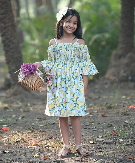 Fairies Forever Sleeveless Lemon Print Smocking Dress - Sea Green
