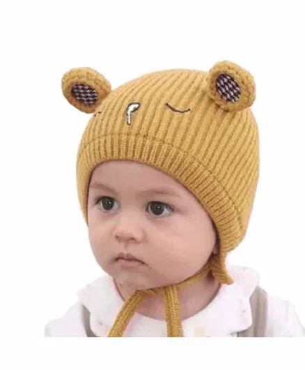 Ziory Double Layered Woollen Cap Ear Design And Tie Knot Yellow - Diameter 48 cm
