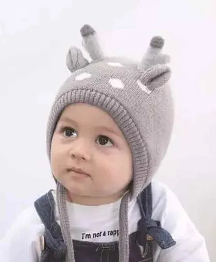 Ziory Double Layered Woollen Cap Horn Design And Tie Knot Grey - Diameter 48 cm