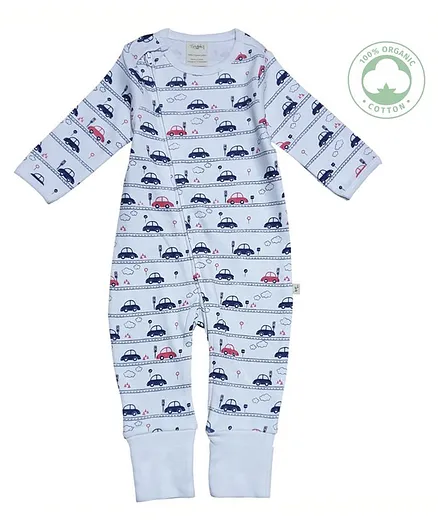 Tiny Twig Full Sleeves Cars Print Sleepsuit - White & Blue