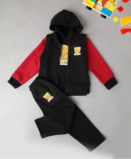 PASSION PETALS Full Sleeves Bear Print Hoodie With Jacket & Pant - Black