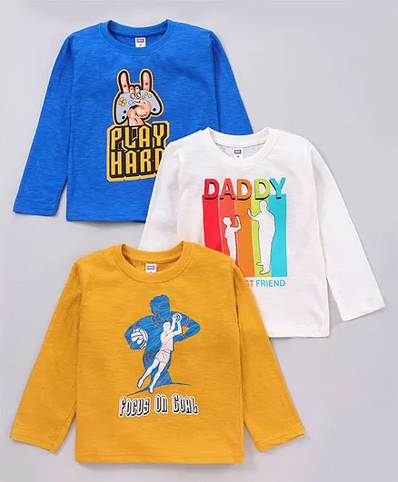 Nottie Planet Pack Of 3 Full Sleeves Play Hard & Daddy Printed Tee - Blue Yellow White