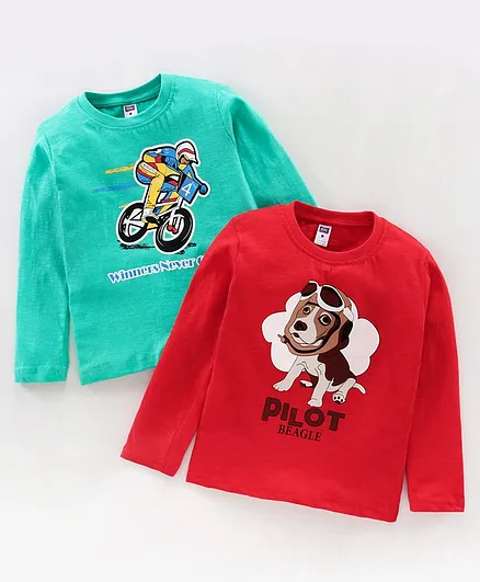 Nottie Planet Pack Of 2 Full Sleeves Bicycle Rider & Puppy Printed Tee - Sea Green & Red
