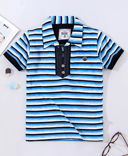 Nottie Planet Half Sleeves Striped Polo Tee - Blue