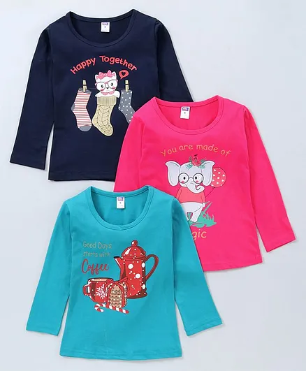 Nottie Planet Pack Of 3 Full Sleeves Animals Printed Tee - Pink & Blue