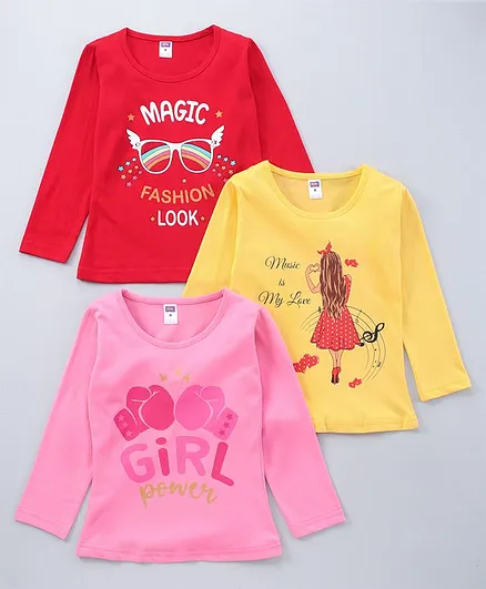 Nottie Planet Pack Of 3 Full Sleeves Girl & Magic Printed Tee - Red Yellow Pink