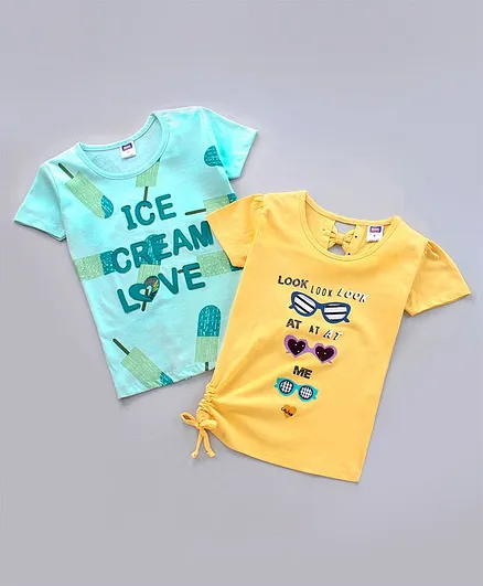 Nottie Planet Pack Of 2 Half Sleeves Ice Cream & Sunglasses Printed Tee - Green & Yellow