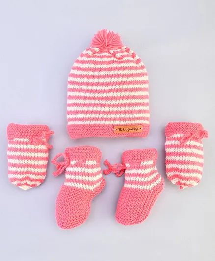 The Original Knit Handmade Striped Cap With Booties & Mittens - Pink