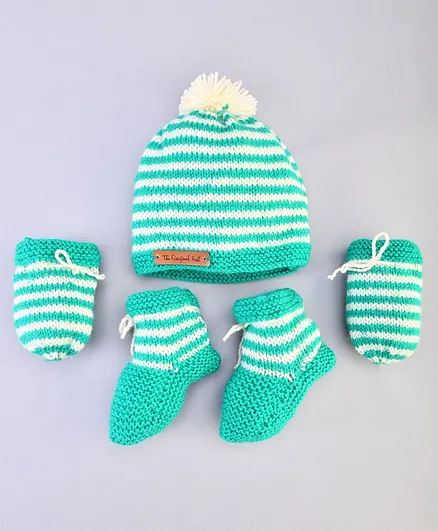 The Original Knit Handmade Striped Cap With Booties & Mittens - Green & White