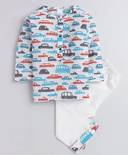 Polka Tots Full Sleeves Car Printed Night Suit - White & Blue