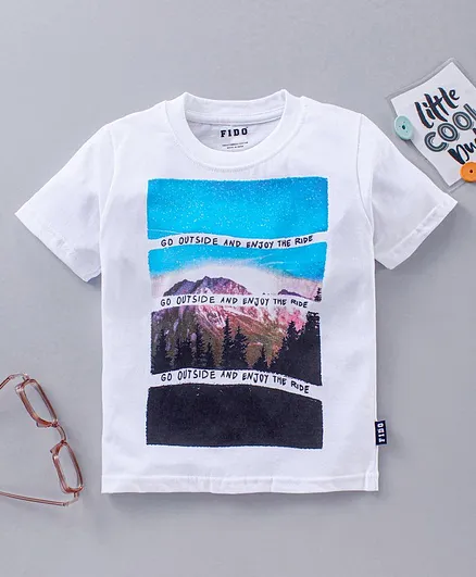 Fido Half Sleeves Tee Mountain Print - White