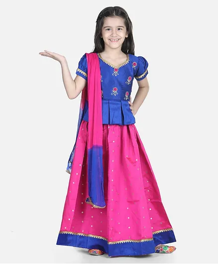 BownBee Puff Half Sleeves Flower Embroidery Peplum Choli With Pavda Pattu Lehenga & Dupatta - Blue
