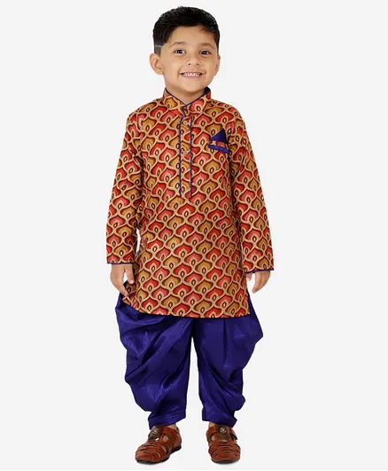 KID1 Full Sleeves Motif Design Kurta With Dhoti - Blue