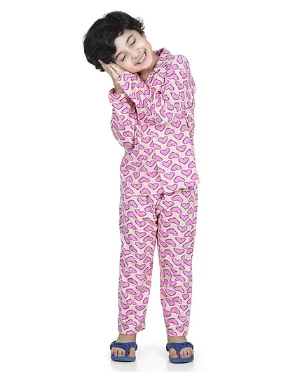 AJ Dezines Full Sleeves Heart Print Night Suit - Blue