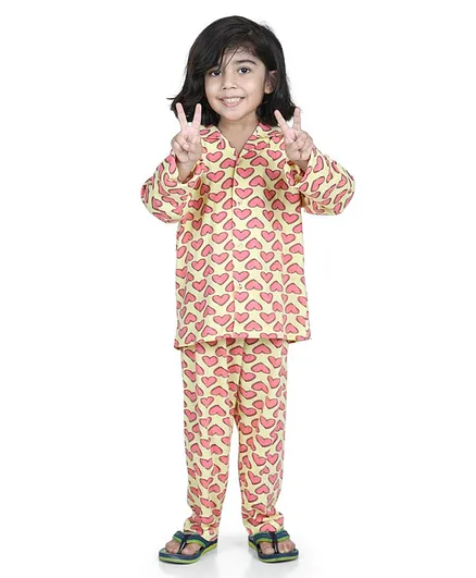 AJ Dezines Full Sleeves Heart Print Night Suit - Yellow