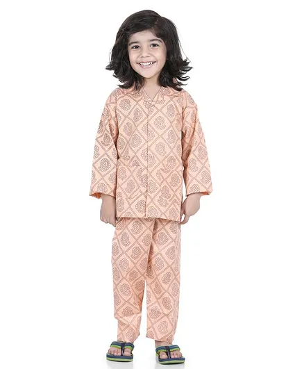 AJ Dezines Full Sleeves Motif Print Night Suit - Peach
