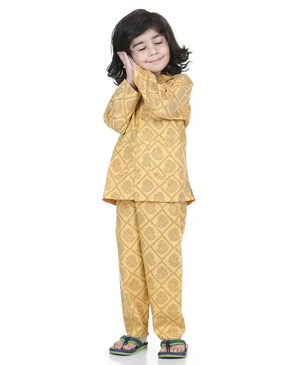 AJ Dezines Full Sleeves Motif Print Night Suit - Yellow