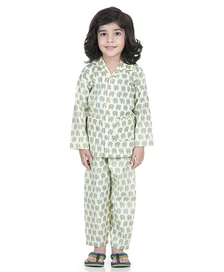 AJ Dezines Full Sleeves Elephant Print Night Suit - Lemon