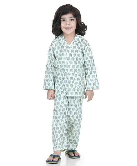 AJ Dezines Full Sleeves Elephant Print Night Suit - Blue