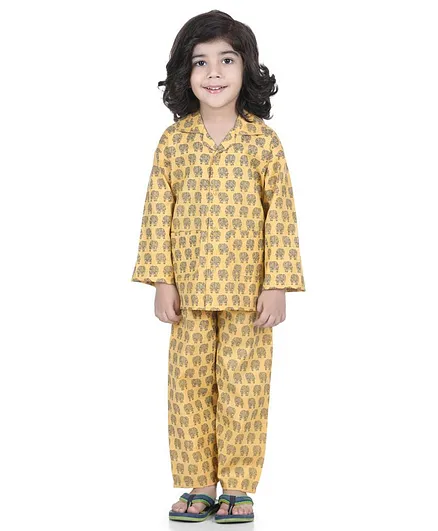 AJ Dezines Full Sleeves Elephant Print Night Suit - Mustard