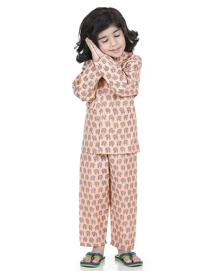 AJ Dezines Full Sleeves Elephant Print Night Suit - Peach