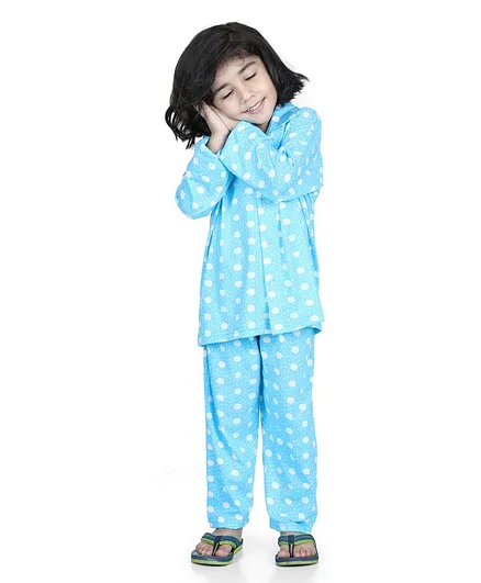 AJ Dezines Full Sleeves Polka Print Night Suit - Blue